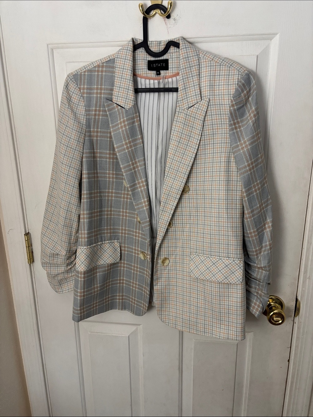 1.STATE Plaid Coat in Gray and Cream with Gold Buttons